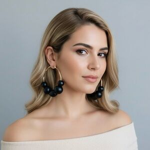 Large black bead hoop earrings, Gold Hoop Earrings with Black Bead Clusters